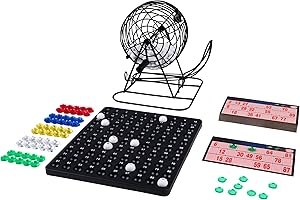 Engelhart - 360565 - Jeu de Bingo/Lotto 90 Boules avec Mélangeur en Métal - Diamètre 13,5 cm - Compteur en Plastique, Cartes Réutilisables, 150 Jetons - Jeu d'Ambiance - Jeu de Loto