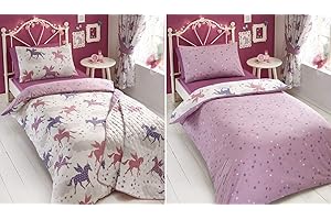 Kidz Club Divine Unicorn Duvet Quilt Cover and 2 Pillowcase Bed Set for Girls, Reversible Design-Pink/White, Polyester-Cotton, Double