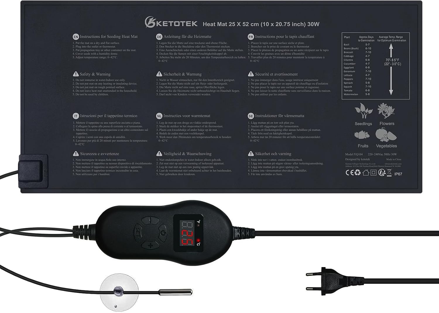 KETOTEK Manta Termica con Termostato para Plantas Semilleros 220V 30W, Alfombra Calefactora Plantas con Reguladora de Temperatura 0℃~42℃, Impermeable IP67