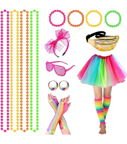 ZXTGBQ 16 Pcs Déguisement Année 80 Accessoire Femme, Vetement Annee 80 Disco, Sac Banane, Bracelets, Boucles d'oreilles et Lunettes, pour Annees 80 Costume Vetement Fête Rétro Néon Femme