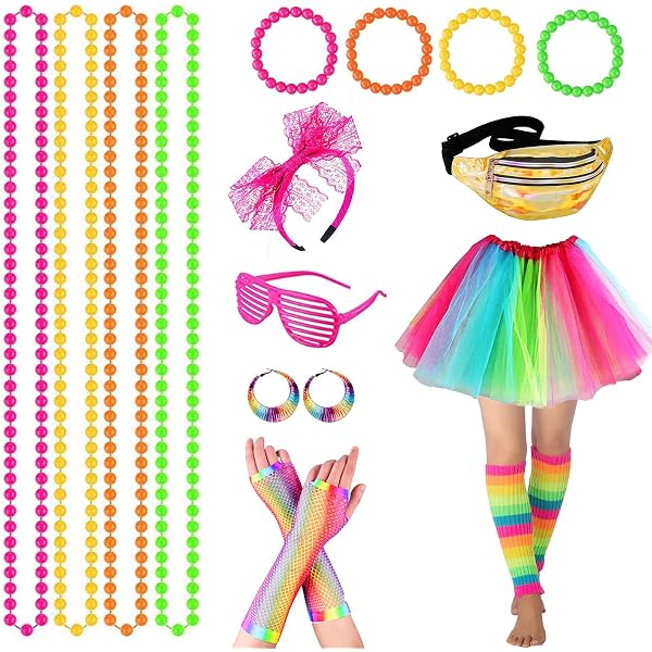 Déguisement Années 80 Accessoires Fluo Complet - Sac Banane, Jambières, Lunettes, Bandeau Pour Femme Et Homme