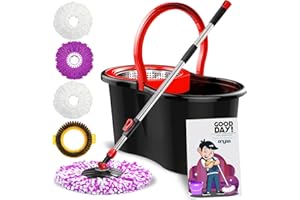 EASE8 Enyaa Premium Mop and Buckets sets-with 4 Mops Heads, Adjustable Pole,Super Absorbent Microfiber Spin Mop and 6L Bucket with Stainless Steel Wringer- Complete Cleaning Floors Kit-(Black)-SM-018