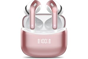 FAMOO Wireless Earphones, Wireless Earbuds Bluetooth 5.3, 2024 New ENC Noise Cancelling Earphones with 4 Mic, LED Display, 52H Playtime Ear buds, Deep Bass, IPX7 Waterproof Bluetooth Earphones, Rose Gold