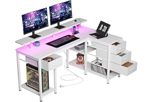 Seventable Computertisch L Form mit 4 Schubladen & Ablageflächen, Gaming Tisch mit LED & Steckdosen, Gaming Schreibtisch mit Monitorständer für Homeoffice, Schlafzimmer, Wohnzimmer (Weiß, 120 cm)