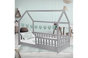 ‎ML DESIGN MODERN LIVING ML-Design Kinderbett 80x160 cm mit Rausfallschutz, Dach und Lattenrost, Hellgrau, Massivholz Kinder Bett, Hausbett für Mädchen/Jungen, Bettenhaus massives Kiefernholz, Stabiles Jugendbett Kinderhaus