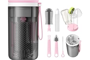 YOTIME Travel Baby Bottle Brush Set with Portable Silicone Bottle Brush, Nipple Cleaner Brush, Straw Brush, Soap Dispenser and Bottle Drying Rack, Pink