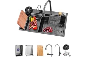 GXSDYYDS Fregadero negro, empotrable de 80 x 45 x 22 cm, fregadero de cocina con rebosadero y desagüe rápido, Fregadero Modernos Cocina Acero Inoxidable 304 Fregadero Sobre Encimera ou Empotrado negro 2 (80cm)