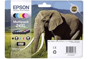 Epson Multipack 24XL Eléphant, Cartouches d'encre d'origine XL Haute capacité, 6 couleurs: Noir, Cyan, Magenta, Jaune, Cyan clair, Magenta clair, XP-55 XP-750 XP-760 XP-850 XP-860 XP-950 XP-960 XP-970