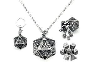 Haxtec Mini Metal D&D Dice Set - Silver Hollow D20 Necklace & Keychain - 7PCS