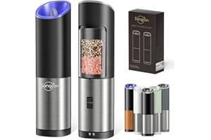 SANGCON Sancon Macina Sale Pepe Elettrico, Interruttore A Gravità, Ceramica, Macina Da Fino A Grossolano, A Batteria, Luce Led, Operazione Automatica Con Una Sola Mano, Acciaio Inossidabile Nero 2 Pacchi
