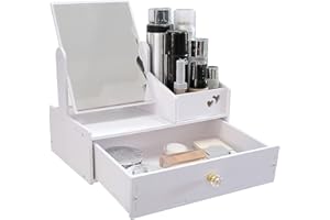 LEcylankEr Organizador de Maquillaje, Organizador de Baño de Mesa Blanco, Caja Organizadora de Maquillaje con Espejo, Caja Maquillaje Organizador con Cajones para Dormitorio/Baño (Espejo cuadrado)