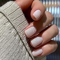 MouYou 24 Stück Press On Nails Kurz, Square - Silber Glitter French Tips, Inkl. Nagelkleber