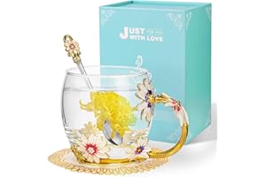 Wisolt Gifts Ideas for Women Ladies Presents for Christmas Anniversary Valentines Mothers Day Enamel Glass Flower Tea Cup for Her Mum Teacher Friend Handmade Coffee Mugs with Spoon