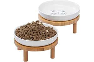 Lusifaco Shallow Elevated Cat Bowls, 15 cm Wide Raised Ceramic Cat Dishes with Bamboo Stand, Whisker Friendly Pet Water or Food Plates Feeding Station for Indoor Cats, Kitten(Set of 2)
