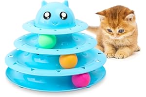 FurDreams Cat Roller Ball Toy Interactive - Blue | 3 Tier Tower Fun Ball with 3 Colour Balls | 3 Level Teaser with Play Balls | Puzzle for Exercise and Stimulation