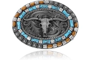 Yjfeshion Oval Long Horn Bull Skull Belt Buckle Native American Vintage Turquoise Wooden Beads Western Cowboy Buckles for Men Gift