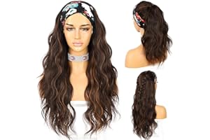 Sapphirewigs Body Wave Headband Wig Synthetic Long Wavy Wigs for Women Glueless Brown Hair Natural Looking 150% Density 26 inch