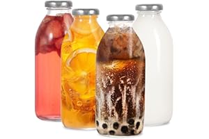 LIMILI Glass Bottles with Lids, 4PCS Glass Milk Bottles with Lids 500ml Clear Glass Drinking Bottles Juice Bottles Smoothie Reusable Milk Bottles for Protein Prep, Fridge and Dishwasher Safe