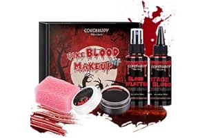 COKOHAPPY 4 PCS Kunstblut Fake Blood Halloween schminke SFX Makeup Kit - Koaguliertes Kunstblut, Blutspray, Tropfendes Stadium Kunstblut, Stipple Schwamm, Realistischer Zombie Vampir Monster Kostüm