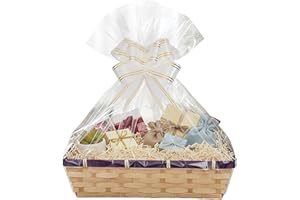 H-Line Rectangular Wicker Gift Hamper Basket, Split Willow Tray with, Make Your Own Hamper Kit with Cellophane, Wood Shred & Bow Set, Ideal for Gift Wrapping (Purple, Medium)
