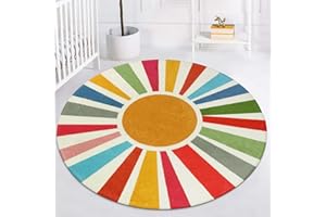 STARUIA Boho Washable Round Area Rug 5 Ft for Bedroom, Rainbow Circle Kids Rug, Non-Slip Soft Sunshine Carpet for Office, Dorm, Nursery, Sofa, Living Room Corner