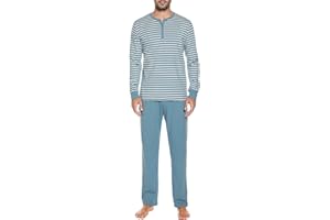 Winovia Zweiteiliger Schlafanzug Herren lang Sleepwear Baumwolle Pyjama Set Winter Nightwear Set Nachtwäsche Langarm mit Knopfleiste, V-Ausschnitt, und Streifen-Design