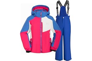 SMONTY Combinaison de neige pour filles Ensemble veste et pantalon de ski d'hiver bretelles à capuche Coupe-vent Imperméable Chaud