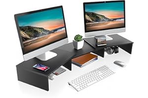FITUEYES Podwójny stojak na monitor, drewniany stojak na ekran komputera PC, 3 półki z regulacją długości, artykuły do biura domowego, organzator biurkowy, maksymalne obciążenie 25 kg, czarny