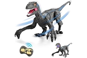 LISCHWERT Ferngesteuertes Dinosaurier-Spielzeug, 2,4 G Jurassic Velociraptor-Spielzeug, imitiert Laufen und Geräusche, Simulations-Laufspielzeug mit 3D-Augen-LED-Licht, Kopfschütteln und Brüllen(grau)
