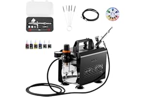 VEVOR Kit de Aerógrafo con Compresor de Aire 1/6 HP, 1 Aerógrafo de Doble Acción con 3 Boquillas, Manguera, Pinturas Acrílicas, Kit de Pintura para Decoración de Tartas, Maquetas, Uñas, Coches