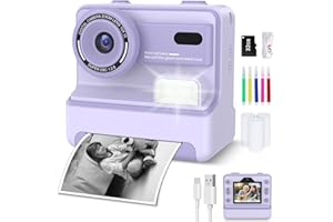VSTKEN Sofortbildkamera, Kinderkamera mit 32GB Karte & 3 Rollen Druckpapier, Sofortbildkamera Kinder mit Farbigen Stiften & Lustige Accessoires, Geschenke für Jungen & Mädchen von 3-12 Jahren(Lila)