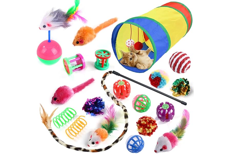 20 Pcs Cat Toys for Indoor Kitten, Collapsible Tunnel, Interactive Feather Wand Ball Spring Mice Toy for Puppy Kitty