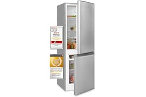 Exquisit® Frigorífico Combi, 173L, Clase E, Color Plateado, Cajón Verdulero, Estantes de Cristal, Altura Regulable, Tiradores Integrados, Luz LED, Consumo 194 kWh/año, Medidas 142,5x50x56 Cm.