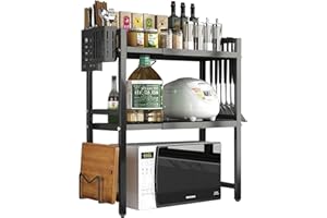 POKEAIR Expandable Microwave Shelf - 3 Tier Oven Stand Countertop with 6 Hook, Microwave Stand Kitchen Organiser Storage, Height Width Adjustable Pantry Rack, Single Layer Counter Shelf Cutting Board (Black）