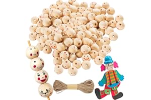 ETIEVORT 66 StüCk 20mm LäChelnde Gesicht Holzperlen, Holzperlen Zum AuffäDeln Holzperlen Mit Gesicht Mit 20m Juteschnur Holzkugeln Mit Loch FüR Dekorationen Kunsthandwerk Diy-Schmuck Armband Halskette