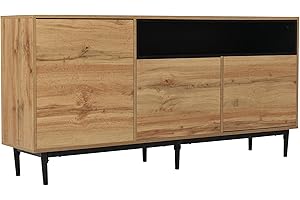 AZKOEESY Mueble de TV 160 cm, Aparador, Zapatero, con 3 Puertas y Patas de Metal, en veta de Madera, Mueble Independiente, Color Natural