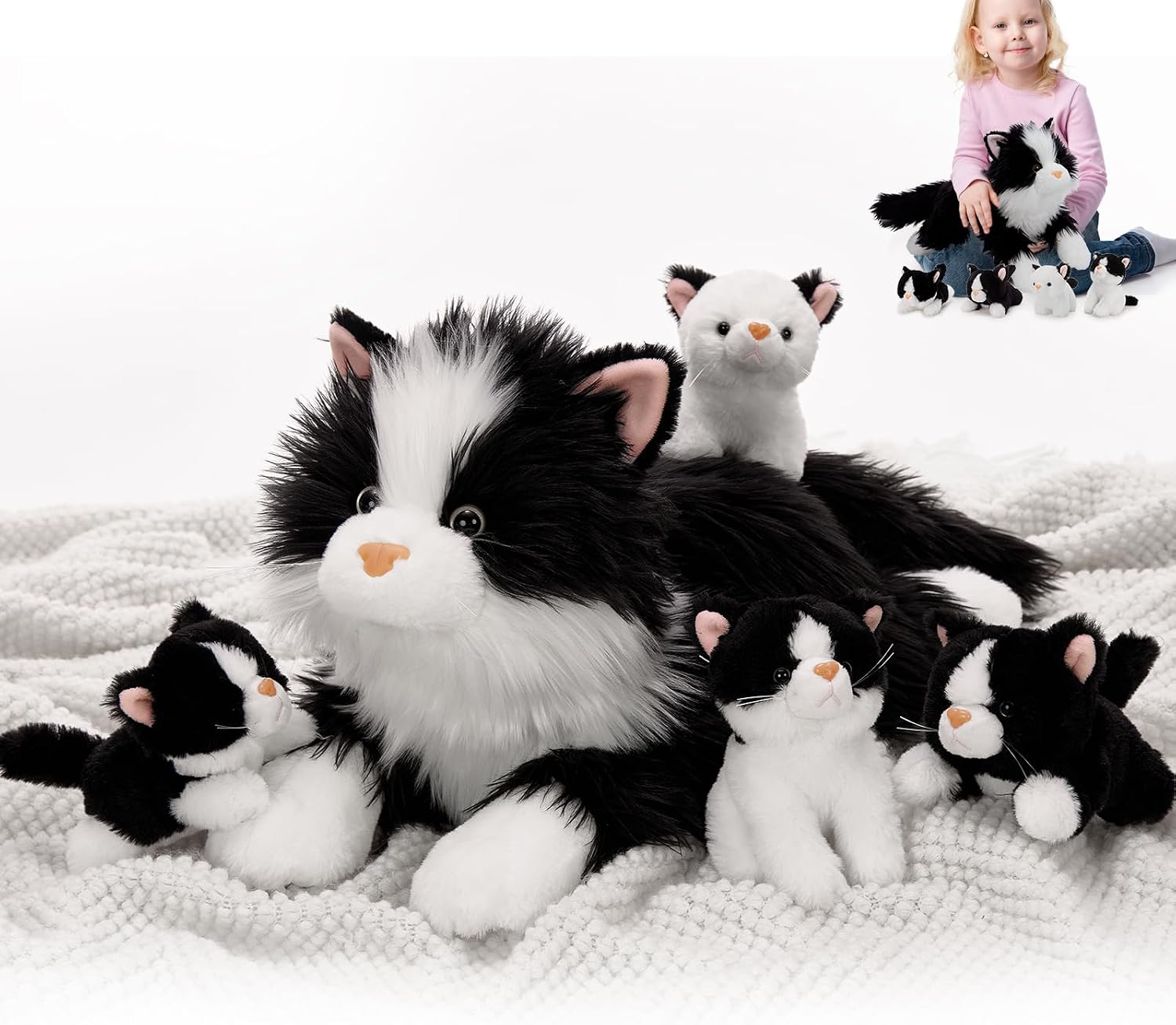MorisMos Cat Teddy with Kitten Babies inside, Lifelike Cuddly Kitty Stuffed Animal Plush Soft Toys, Kawaii Presents for Kids Girls Boys Birthday Party Decoration (White and Black 50cm)
