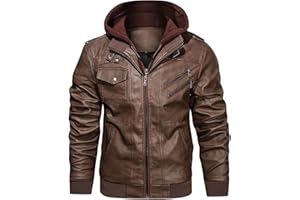 HOOD CREW Chaqueta de Hombres Cuero Sintético Moda Casual Capucha Desmontable