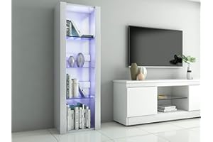 Panana LED Tall Display Cabinet with Glass Shelf Modern Sideboard Cupboard Unit for Living Room Bedroom Furniture (White Matt Body & White High Gloss Fronts)