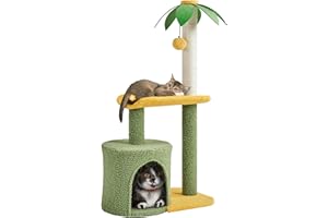 Yaheetech Palma kokosowa dla kota, 94 cm, nowoczesne małe drzewko do wspinaczki dla kotów, z platformą z jaskini dla kotów, pnie sizalowe, zielono-żółte