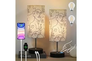 Lanmonlily Lámpara Mesita Noche Táctil, Regulable 3 Niveles de Brillo, Puerto de carga tipo C+USB-A, Pantalla de lino con base de metal, 2 Bombillas incluidas (2 Piezas cara)
