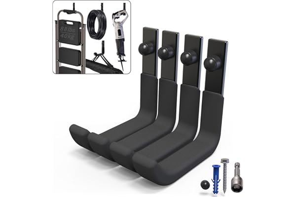 4-pack förvaringskrokar för garage, stegehängare, väggmonteringskrokar i stål, verktygskrokar för att hänga tunga skjul, rep, trädgårdsslangar, spade, bulkartiklar etc. (39,9 kg, 4 tum)