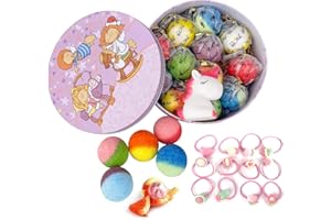 PICKMORA Bath Bombs for Kids, 12+1 Bath Bombs with Girls Hair Ties Inside Bonus1 Funny Squeaking Toy, Organic Colorful Bubble Bath for Kids Safe, Tin Box for Girls Gift Set for Birthday, Party, Easter