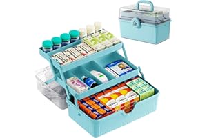 QIGEEKU Medikamenten Aufbewahrung, Tragbare Medizinbox, Hausapotheke Box, 3 Ebene Apothekenbox, Große Kapazität Arzneischrank Medizinkoffer, Aufbewahrungskoffer für zu Hause, im Freien (Blau-orange)