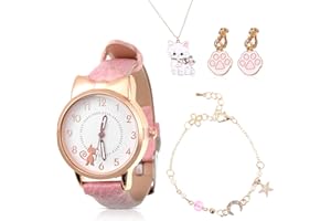 VOKMON 4 Pcs Girls Watch, Girls Watch Age 4, Cat Watch for Kids, Cat Watch, Jewelry Bracelet, Cat Necklace, Girls Watch Cat, Clip Earrings, Christmas Cat Gifts for Girls, Best Gifts for 4 Year Olds Girl