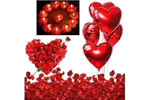 JONAMI Bougies Romantiques et Pétales. 50 Bougies en Forme de Coeur + 1000 Pétales de Rose Rouges en Soie, 5 Ballons Coeur Rouges - Décoration pour Mariage, Saint Valentin et Fiançailles