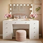 CLP Tiline Dressing Table with Mirror Hollywood I Dressing Table with LED Lighting and 9 Drawers, Glass Top and USB Port, Col