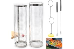 HUOGEE Cestello per barbecue in acciaio inox, 2 pezzi, accessori per la cottura del barbecue, rotondo, cestino per friggere, cestino per barbecue in acciaio inox con forchetta per campeggio e barbecue da