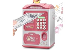 ESENLONG Piggy Bank Money Bank Machine Fingerprint& Password Code Mini ATM Piggy Bank Coin Can Electronic Auto Scroll Paper Money Saving Box Toy Birthday Present (Pink)