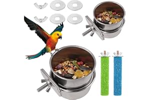 WUGU Vogel Futternapf 2 Stück, Vogelnapf Edelstahlnapf mit Halter für Papageie, Wasser Futterschale für Vögel, 2 Stück Sitzstangen, Naturholz Sitzstangen zur Pflege Von Krallen Und Schnäbeln